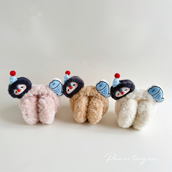 Protecții pentru urechi din pluș, design pinguin și pește, drăguț stil desen animat pentru fete, mențin căldura, sezon toamnă-iarna, lansare 2025, model monocrom
