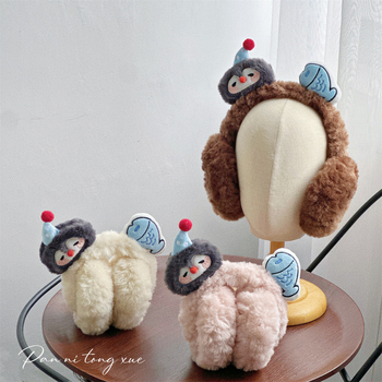 Protecții pentru urechi din pluș, design pinguin și pește, drăguț stil desen animat pentru fete, mențin căldura, sezon toamnă-iarna, lansare 2025, model monocrom