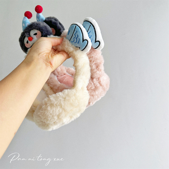 Protecții pentru urechi din pluș, design pinguin și pește, drăguț stil desen animat pentru fete, mențin căldura, sezon toamnă-iarna, lansare 2025, model monocrom