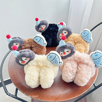 Protecții pentru urechi din pluș, design pinguin și pește, drăguț stil desen animat pentru fete, mențin căldura, sezon toamnă-iarna, lansare 2025, model monocrom