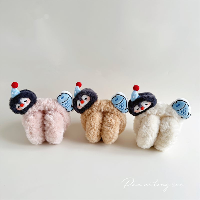 Protecții pentru urechi din pluș, design pinguin și pește, drăguț stil desen animat pentru fete, mențin căldura, sezon toamnă-iarna, lansare 2025, model monocrom