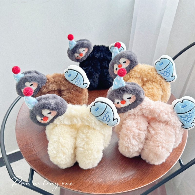 Protecții pentru urechi din pluș, design pinguin și pește, drăguț stil desen animat pentru fete, mențin căldura, sezon toamnă-iarna, lansare 2025, model monocrom