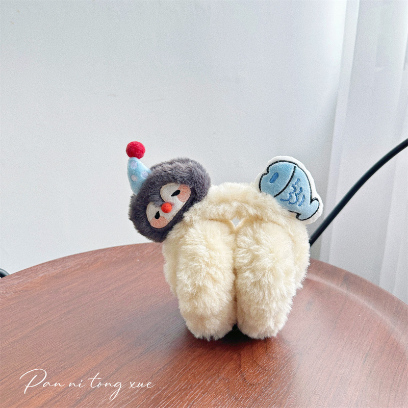 Protecții pentru urechi din pluș, design pinguin și pește, drăguț stil desen animat pentru fete, mențin căldura, sezon toamnă-iarna, lansare 2025, model monocrom