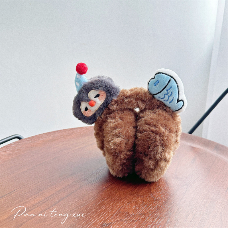 Protecții pentru urechi din pluș, design pinguin și pește, drăguț stil desen animat pentru fete, mențin căldura, sezon toamnă-iarna, lansare 2025, model monocrom