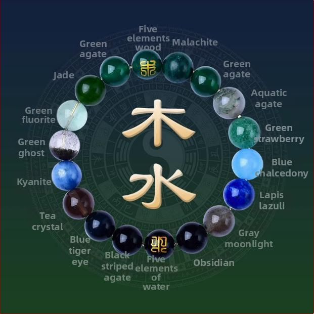 Петте елемента кристален браслет със смесени странични камъни и еластичен шнур
