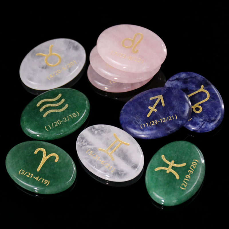 Set bijuterii DIY D158 – ametist natural gravat cu literele sculptate, 12 simboluri ale constelației, piatră semiprețioasă, formă ovală, seria D158, origine Guangzhou, personalizabil