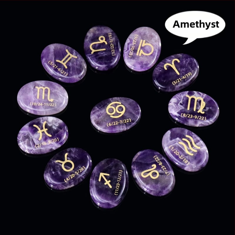 Set bijuterii DIY D158 – ametist natural gravat cu literele sculptate, 12 simboluri ale constelației, piatră semiprețioasă, formă ovală, seria D158, origine Guangzhou, personalizabil
