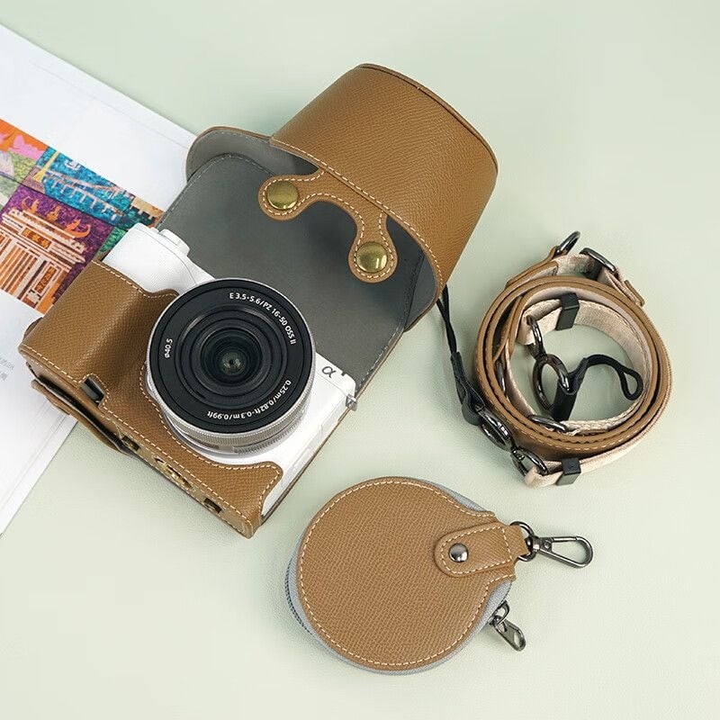 Geantă din piele pentru cameră Sony ZV-E10 II, cu acoperire totală, a doua generație, curea diagonală