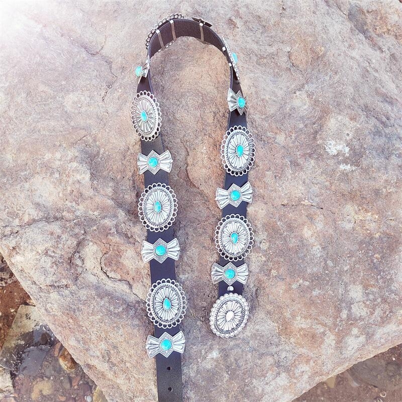 Remen | Vintage stil s metalnim detaljima i ovalnim uzorkom | PU koža, cinkov spoj, tirkiz