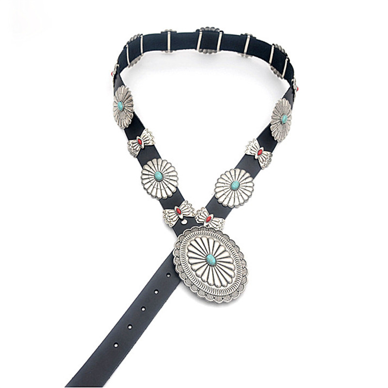 Remen | Vintage stil s metalnim detaljima i ovalnim uzorkom | PU koža, cinkov spoj, tirkiz