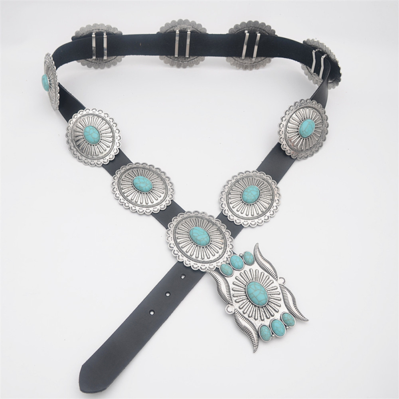 Remen | Vintage stil s metalnim detaljima i ovalnim uzorkom | PU koža, cinkov spoj, tirkiz