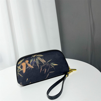 Geantă clutch textilă pentru femei, formă orizontală pătrată, închidere cu fermoar, căptușeală din poliester, buzunar intern cu fermoar și buzunar pentru telefon, stil chinezesc inspirat