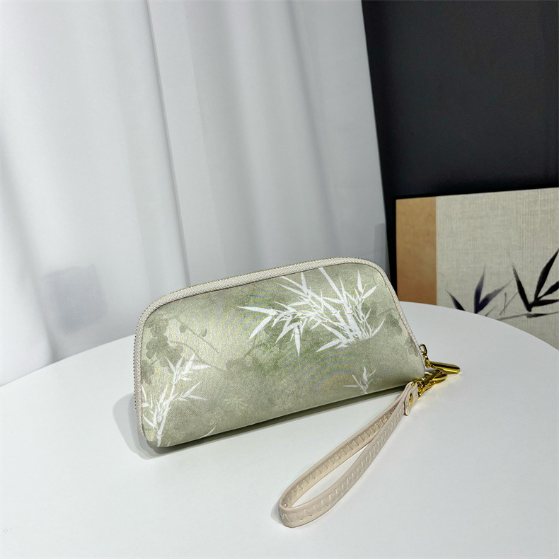 Geantă clutch textilă pentru femei, formă orizontală pătrată, închidere cu fermoar, căptușeală din poliester, buzunar intern cu fermoar și buzunar pentru telefon, stil chinezesc inspirat