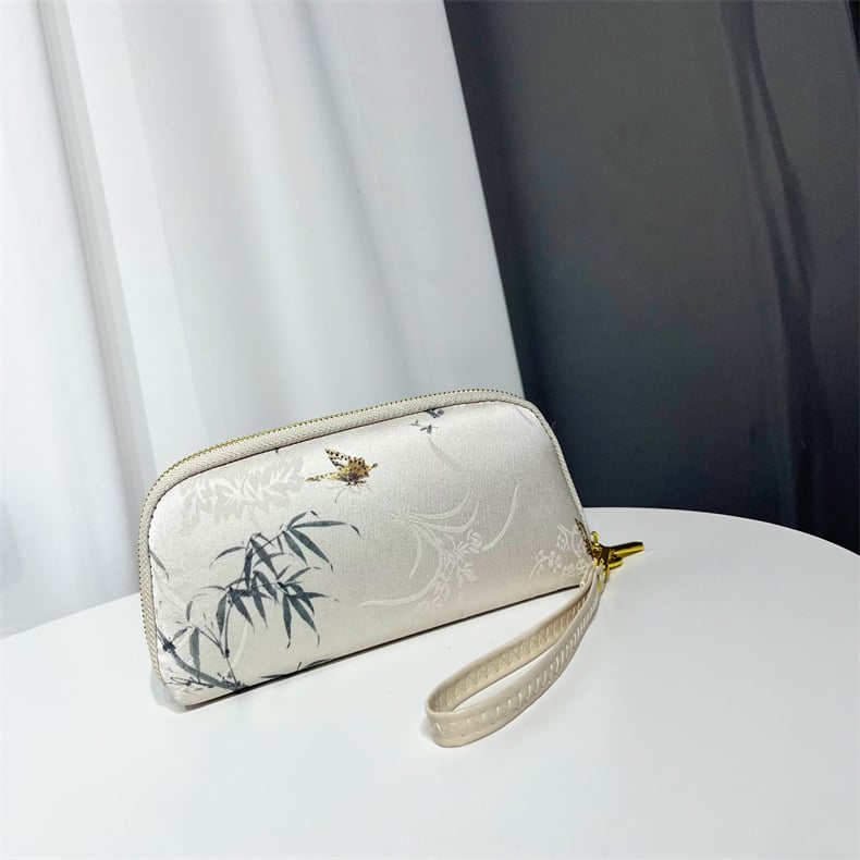 Geantă clutch textilă pentru femei, formă orizontală pătrată, închidere cu fermoar, căptușeală din poliester, buzunar intern cu fermoar și buzunar pentru telefon, stil chinezesc inspirat