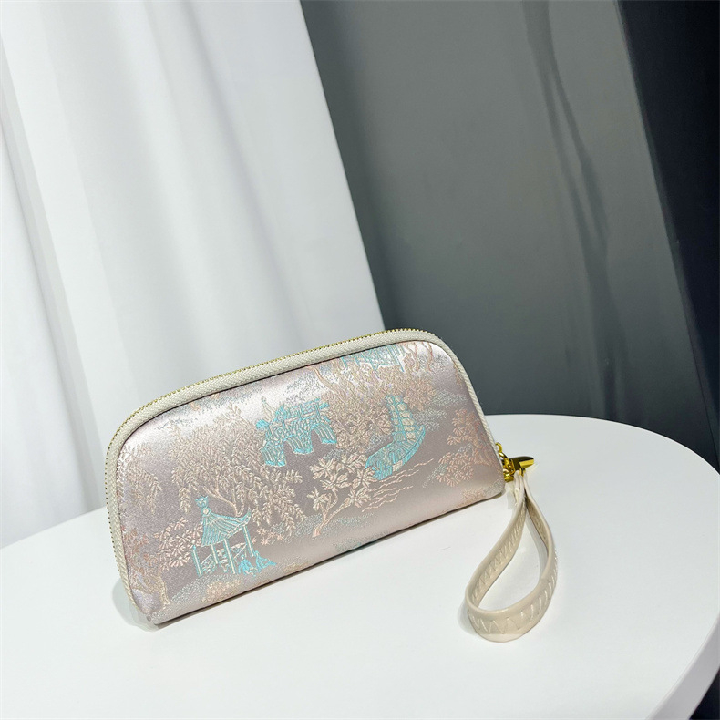 Geantă clutch textilă pentru femei, formă orizontală pătrată, închidere cu fermoar, căptușeală din poliester, buzunar intern cu fermoar și buzunar pentru telefon, stil chinezesc inspirat