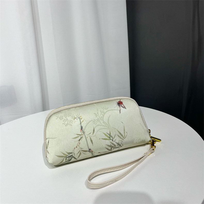 Geantă clutch textilă pentru femei, formă orizontală pătrată, închidere cu fermoar, căptușeală din poliester, buzunar intern cu fermoar și buzunar pentru telefon, stil chinezesc inspirat