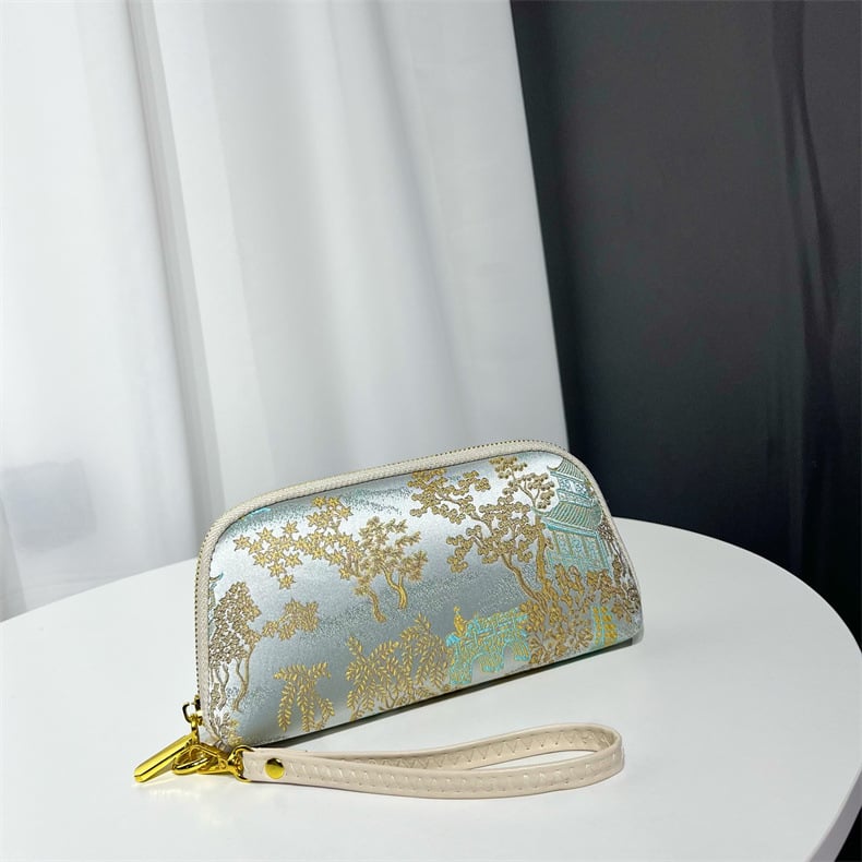 Geantă clutch textilă pentru femei, formă orizontală pătrată, închidere cu fermoar, căptușeală din poliester, buzunar intern cu fermoar și buzunar pentru telefon, stil chinezesc inspirat