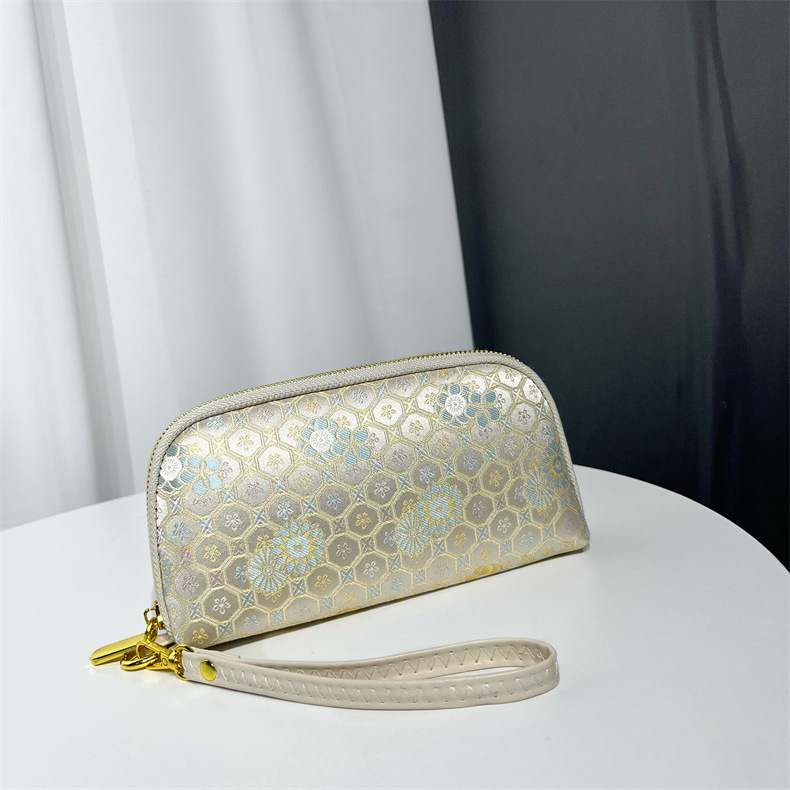 Geantă clutch textilă pentru femei, formă orizontală pătrată, închidere cu fermoar, căptușeală din poliester, buzunar intern cu fermoar și buzunar pentru telefon, stil chinezesc inspirat