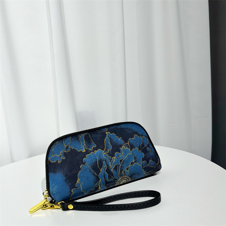 Geantă clutch textilă pentru femei, formă orizontală pătrată, închidere cu fermoar, căptușeală din poliester, buzunar intern cu fermoar și buzunar pentru telefon, stil chinezesc inspirat