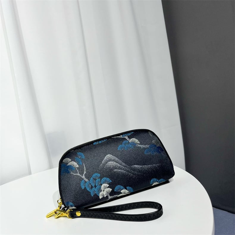 Geantă clutch textilă pentru femei, formă orizontală pătrată, închidere cu fermoar, căptușeală din poliester, buzunar intern cu fermoar și buzunar pentru telefon, stil chinezesc inspirat