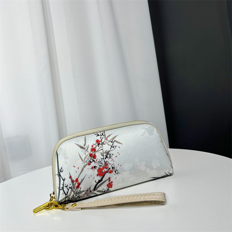 Geantă clutch textilă pentru femei, formă orizontală pătrată, închidere cu fermoar, căptușeală din poliester, buzunar intern cu fermoar și buzunar pentru telefon, stil chinezesc inspirat