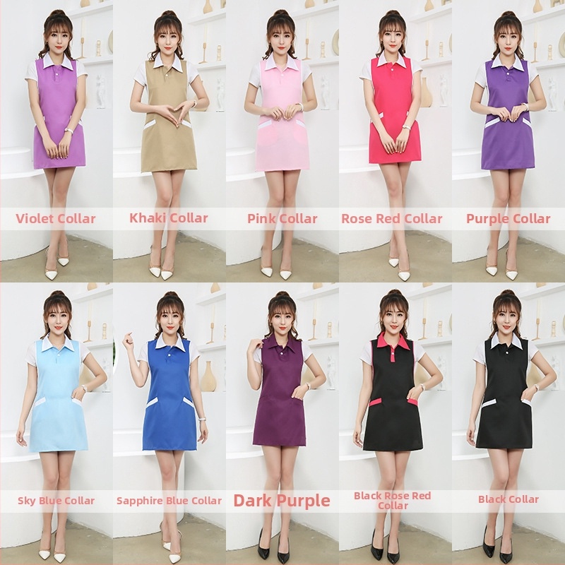 Uniforma s predlacticom pre kozmetické salón a obslužný personál — ženský model; olejovzdorné a decontaminácia; tkanina: viskóza; sekundárna tkanina: hrubé vlákna; hlavný podiel 30%, vedľajší 25%; vhodné pre lekárske odevy/biela plášť; všetky ročné obdobia