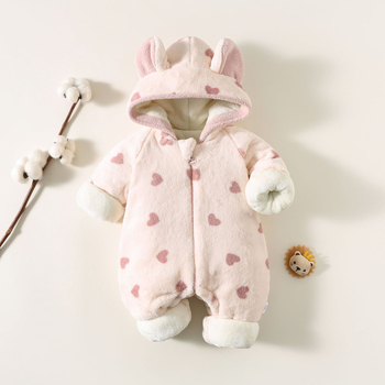 Újszülött téli overál, vastag fleece belső réteggel, kapucnival, cipzáras záródással, uniszex