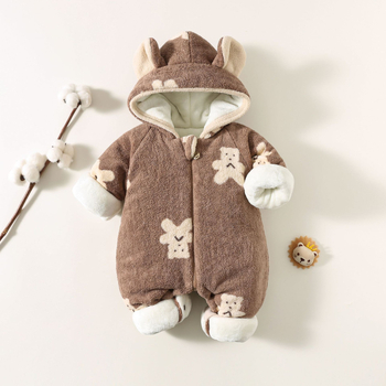 Újszülött téli overál, vastag fleece belső réteggel, kapucnival, cipzáras záródással, uniszex