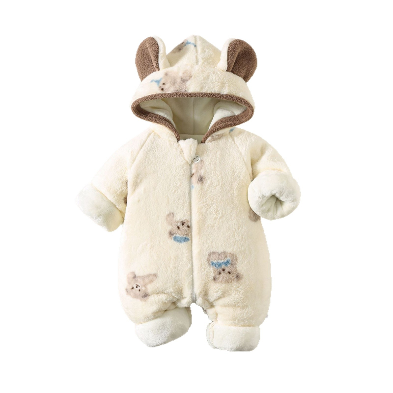 Újszülött téli overál, vastag fleece belső réteggel, kapucnival, cipzáras záródással, uniszex