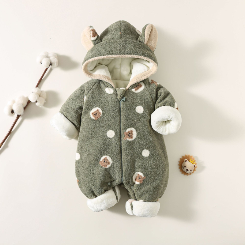 Újszülött téli overál, vastag fleece belső réteggel, kapucnival, cipzáras záródással, uniszex