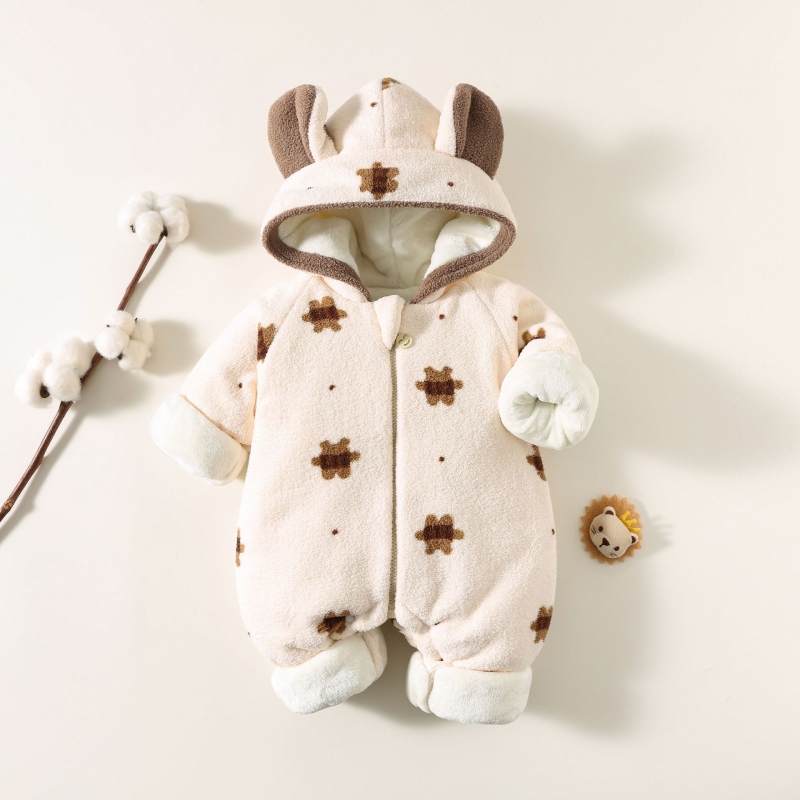 Újszülött téli overál, vastag fleece belső réteggel, kapucnival, cipzáras záródással, uniszex