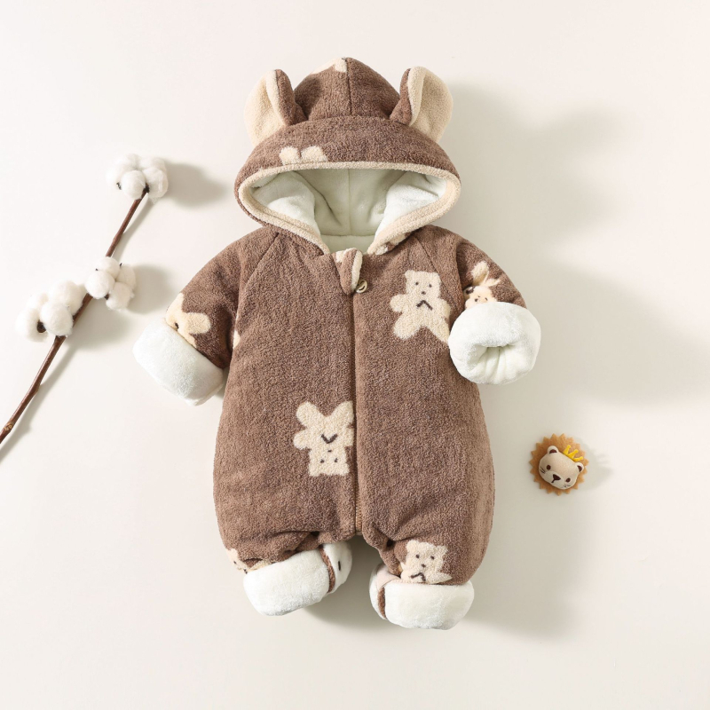 Újszülött téli overál, vastag fleece belső réteggel, kapucnival, cipzáras záródással, uniszex