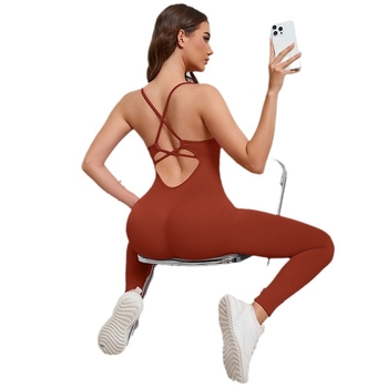 Дамски безшевен гащеризон за спорт с кръстосани презрамки в гърба и катарама, подплата за бюст, висока талия, къс панталон, нейлон-спандекс