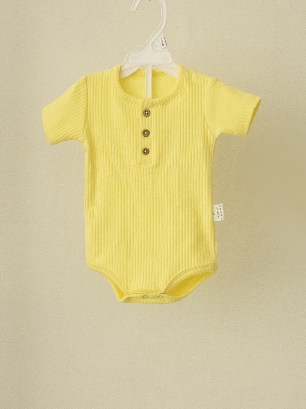 Dječji pamukasti romper s kratkim rukavima, rib pleteni materijal, 95% pamuk, za novorođenčad, unisex, ljeto, skriveno zatvaranje