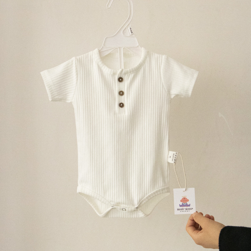 Dječji pamukasti romper s kratkim rukavima, rib pleteni materijal, 95% pamuk, za novorođenčad, unisex, ljeto, skriveno zatvaranje