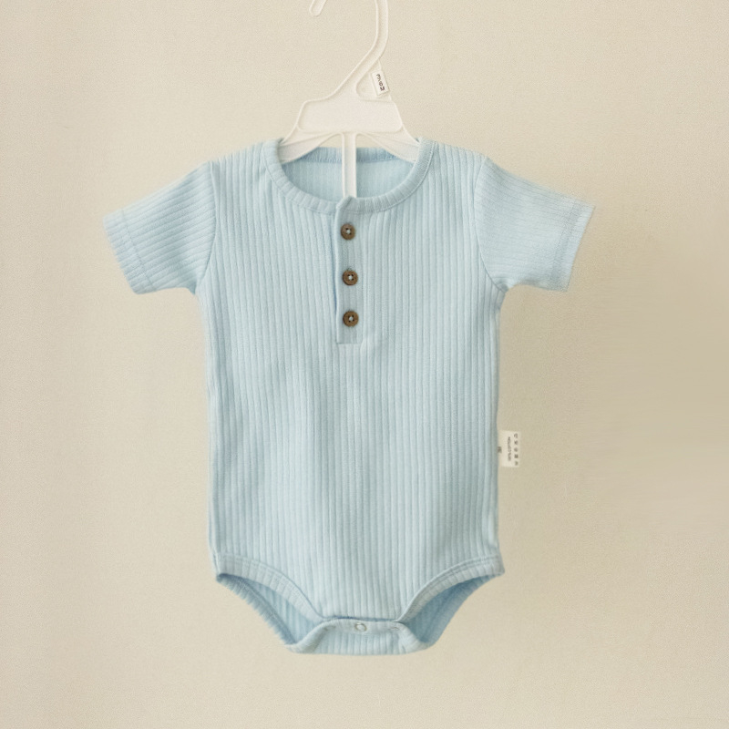 Dječji pamukasti romper s kratkim rukavima, rib pleteni materijal, 95% pamuk, za novorođenčad, unisex, ljeto, skriveno zatvaranje