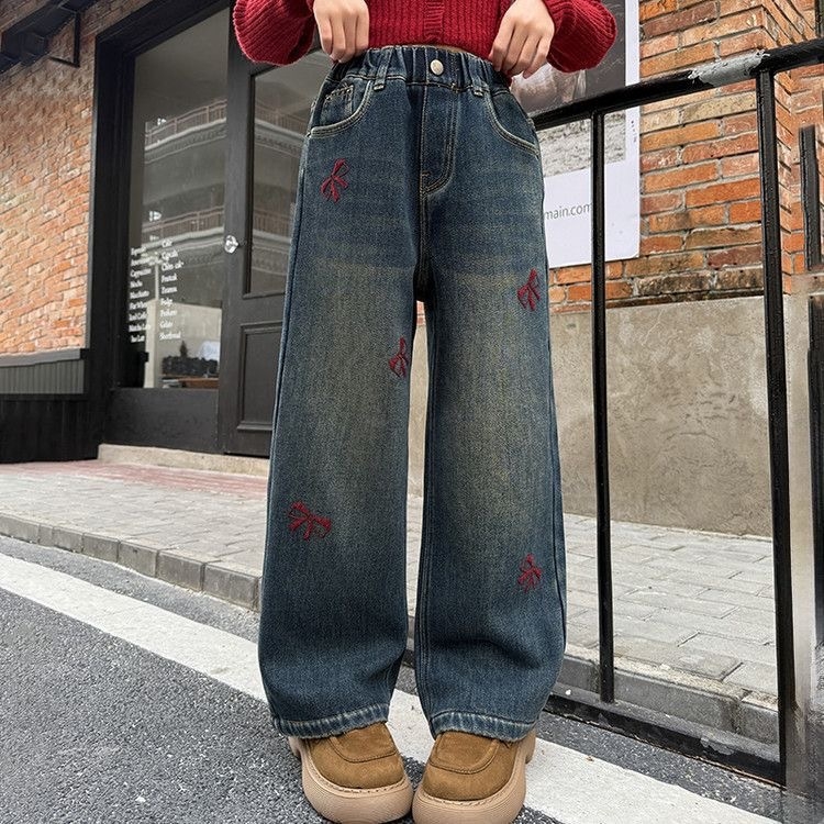Dječje traperice za djevojčice, denim, karikaturalni uzorak, srednji pojas, elastični pojas