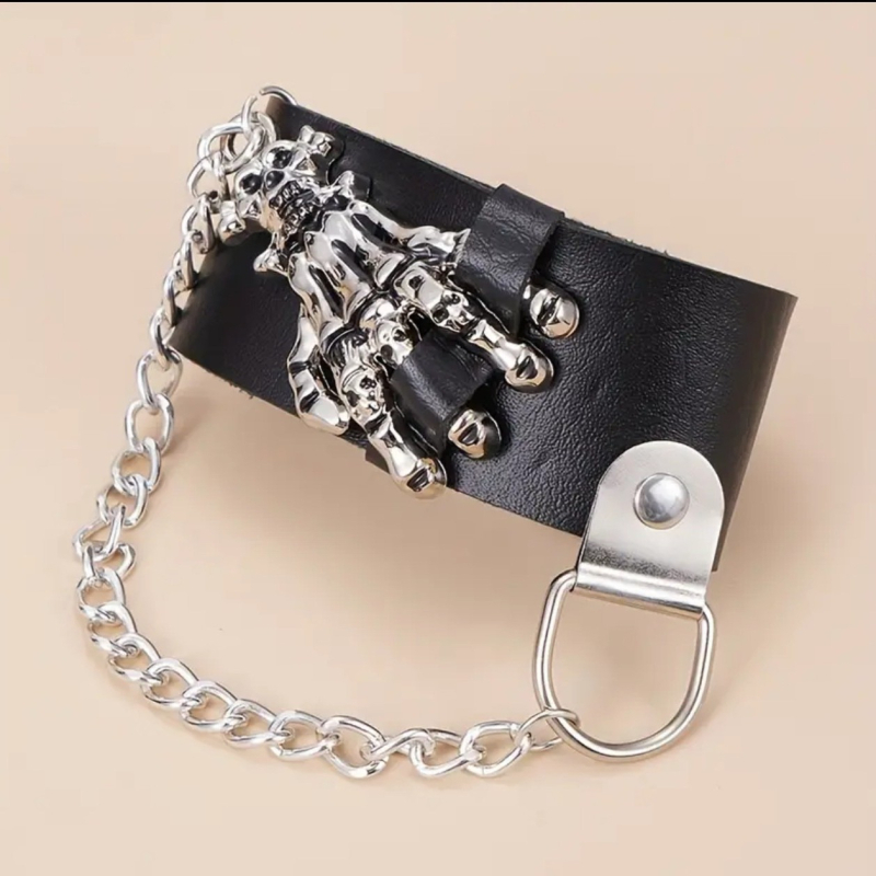 Кожена гривна с мотив череп и верига с призрачни нокти – унисекс стил панк готик