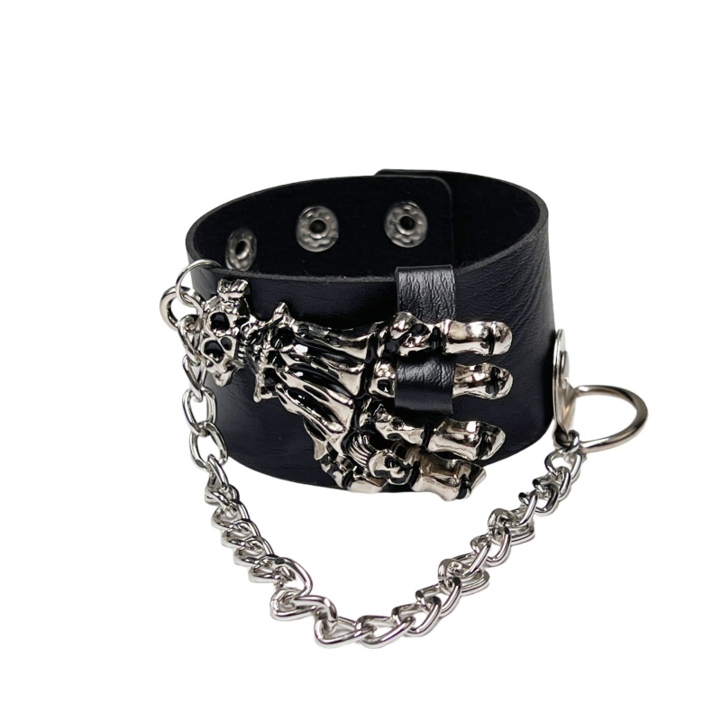 Кожена гривна с мотив череп и верига с призрачни нокти – унисекс стил панк готик