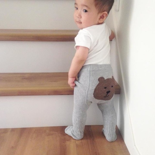 Unisex bērnu legingas ar augstu vidukli un lāča rakstu, 86% kokvilna, 14% elastāns, vecums 1–3 gadi