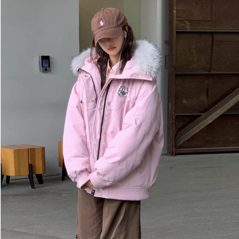 Парка с качулка и яка от изкуствен пух, свободен силует, цип, полиестерна тъкан