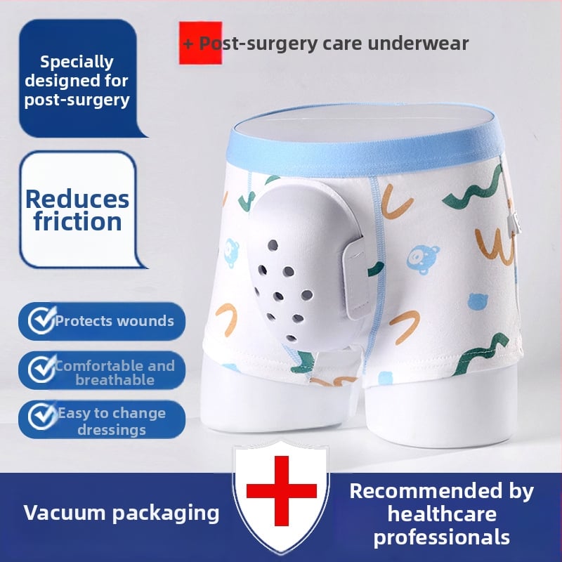 Постоперативни детски боксерки за грижа след циркумцизия — дишащи памучни трикотажни боксерки за момчета, средна талия, основно влакно 90–95% памук; подплата в чатала 95–100% памук