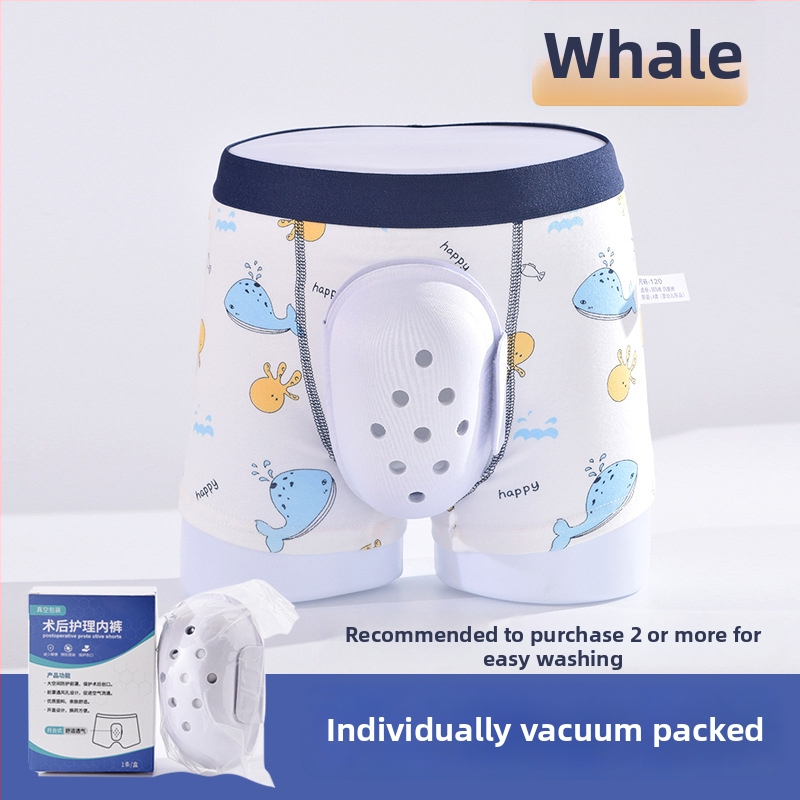 Постоперативни детски боксерки за грижа след циркумцизия — дишащи памучни трикотажни боксерки за момчета, средна талия, основно влакно 90–95% памук; подплата в чатала 95–100% памук