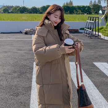 Памучно подплатено яке с мрежеста полиестерна външна част, дамски корейски стил – свободен крой, качулка с цип, ултра-плътно подплатено, дължина 80–100 см, зима 2025.