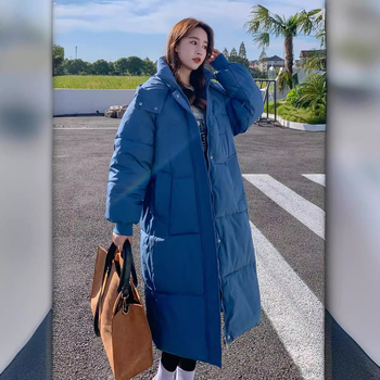 Памучно подплатено яке с мрежеста полиестерна външна част, дамски корейски стил – свободен крой, качулка с цип, ултра-плътно подплатено, дължина 80–100 см, зима 2025.