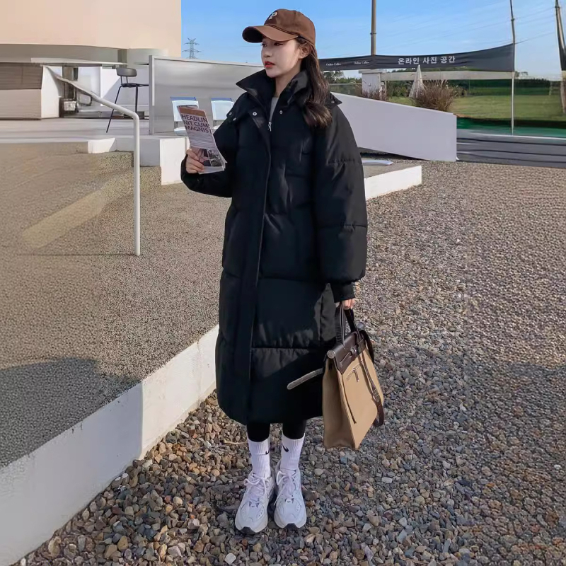 Памучно подплатено яке с мрежеста полиестерна външна част, дамски корейски стил – свободен крой, качулка с цип, ултра-плътно подплатено, дължина 80–100 см, зима 2025.