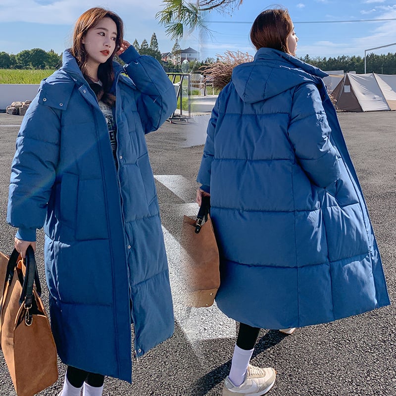 Памучно подплатено яке с мрежеста полиестерна външна част, дамски корейски стил – свободен крой, качулка с цип, ултра-плътно подплатено, дължина 80–100 см, зима 2025.