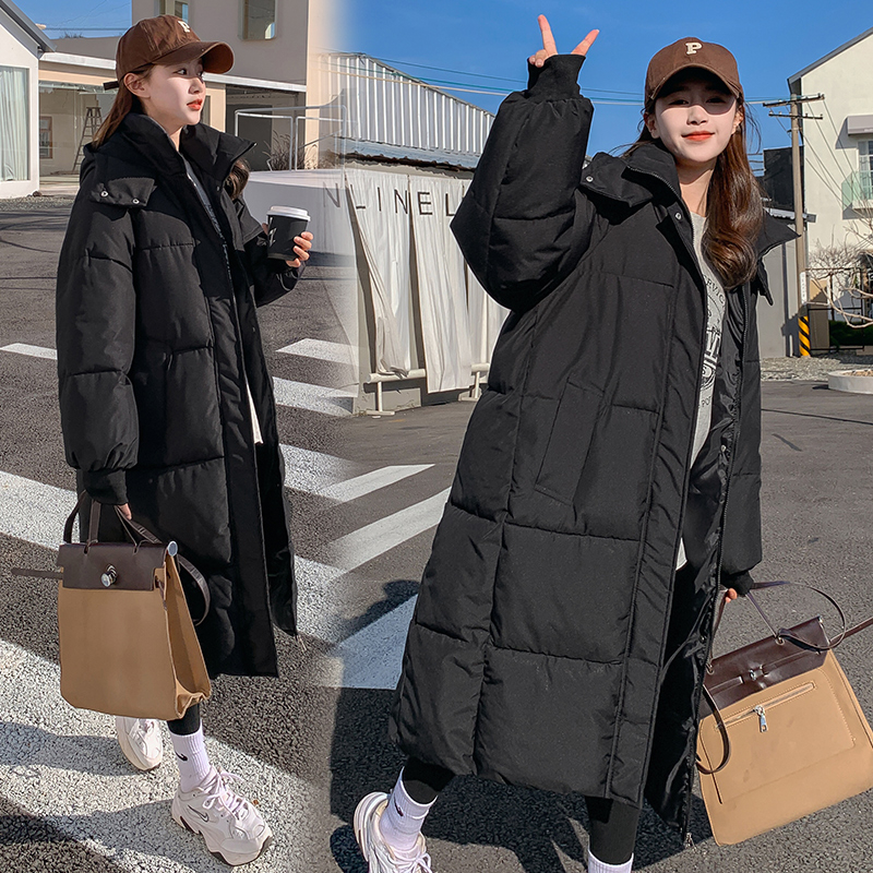 Памучно подплатено яке с мрежеста полиестерна външна част, дамски корейски стил – свободен крой, качулка с цип, ултра-плътно подплатено, дължина 80–100 см, зима 2025.