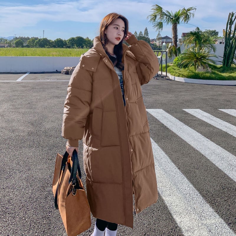 Памучно подплатено яке с мрежеста полиестерна външна част, дамски корейски стил – свободен крой, качулка с цип, ултра-плътно подплатено, дължина 80–100 см, зима 2025.