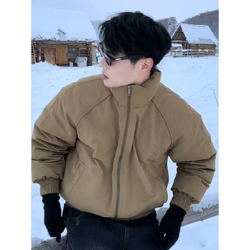 Мъжко късо памучно подплатено яке с качулка, яка-стойка, цип, пълнеж от копринено влакно